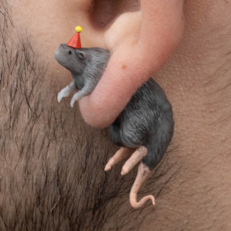 Rat Earrings Hand-Painted 3D Printed Quirky Funny Weird Gift image 3