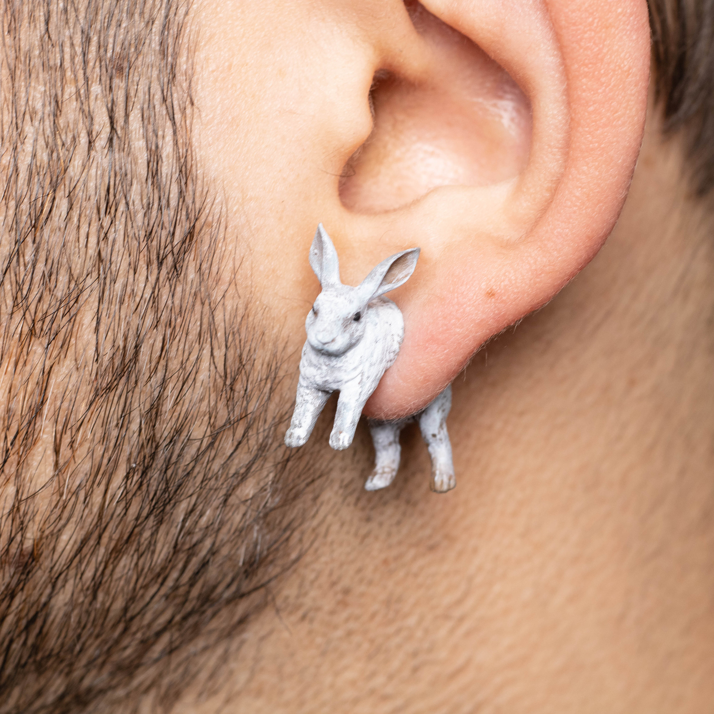 アクセサリー Animal Fetish Pierced Earrings - Silver Hand-painted Bunny Rabbit Earrings | 3D Printed | Animal Jewelry