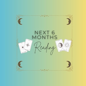 May include: A square graphic with a gradient background of blue and yellow. The text "NEXT 6 MONTHS Reading" is in the center. Four tarot cards are in the corners, with crescent moon and floral accents.
