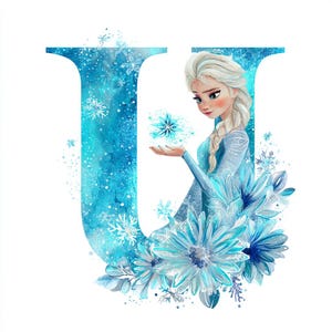 Op de afbeelding: Een aquarel illustratie van de letter "U" in blauwtinten, met sneeuwvlokken en een bloemstuk. Een personage met blond haar en een blauwe jurk houdt een sneeuwvlok vast. De afbeelding heeft een winterthema.