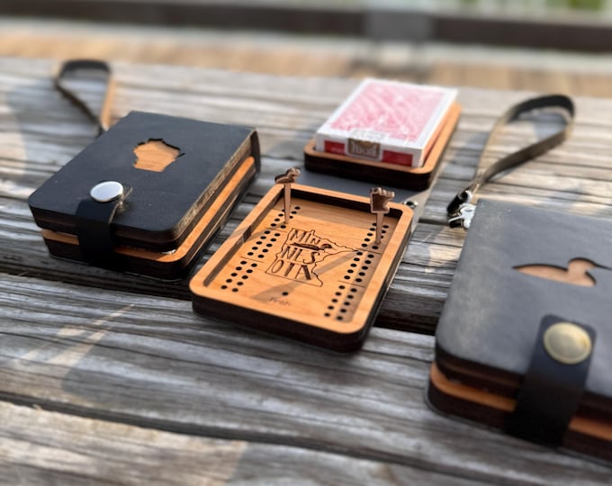 Custom Travel Cribbage Board with Wristlet Strap and Card Storage