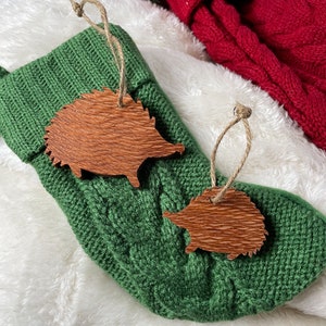 Hedgehog Ornament, Wood Hedgehog Ornament, Woodland Animal Ornament, Baby & Mama Ornament, Cabin Decor Ornament