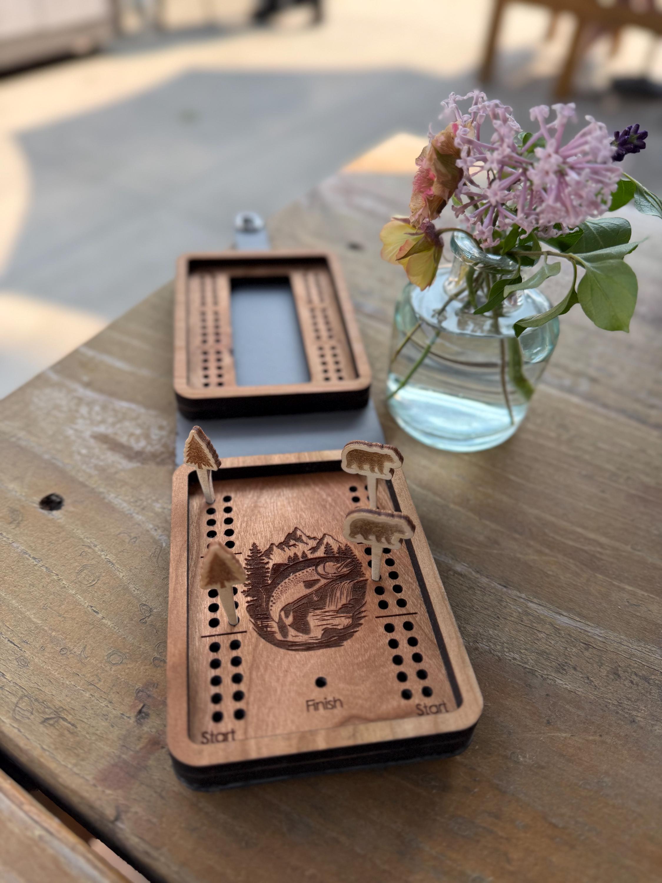 Travel Cribbage Board with Card Storage, Custom Travel Cribbage, Folding Cribbage Board, Personalized Game
