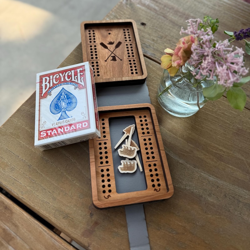 Travel Cribbage Board with Card Storage, Custom Travel Cribbage, Folding Cribbage Board, Personalized Game