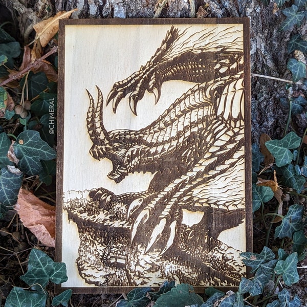 Tableau en bois gravé - Fan art dragon Gore Magala Monster Hunter - décoration murale style nature, geek et fantasy