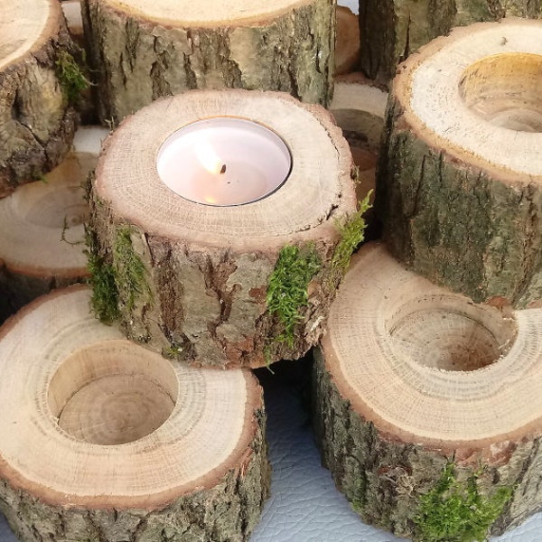 Teelichter aus Holz, Holzdeko, Tischdeko für Hochzeit Taufe Geburtstag Weihnachten Kerzenständer Windlichter rustikal handgemacht