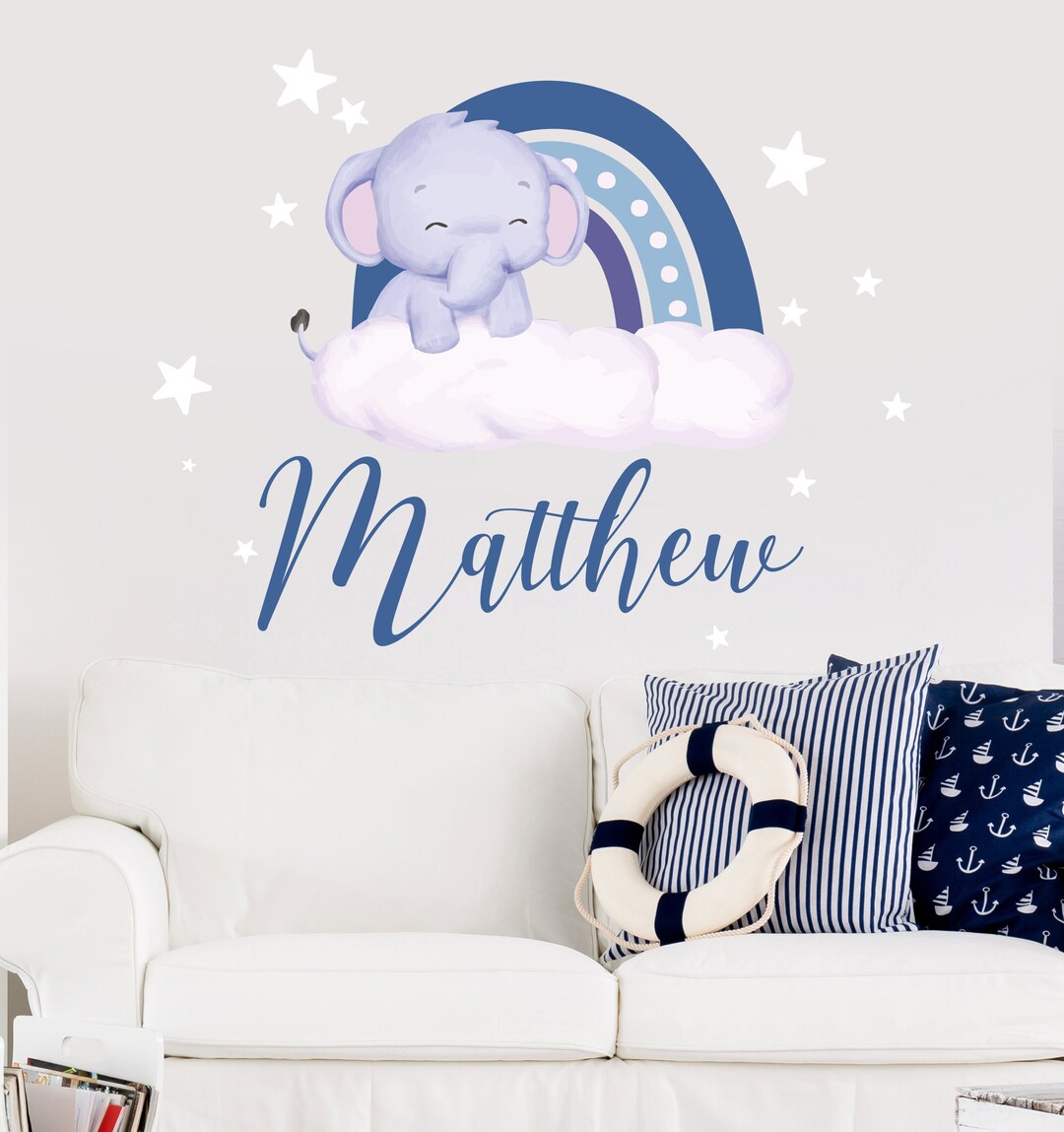 Custom Blue Rainbow Elephant Name Wall Decal, Personalized Name Vinyl