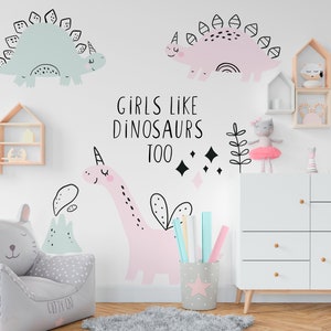 Girls Like Dinosaurs Too Wall Decal | Kids Room Vinyl Wall Decal |Nursery Girl Dino Decal | Playroom Wall Decal | Nursery & Teens Decor Wall