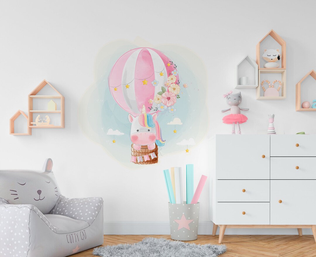 Unicorn Hot Air Balloon Pink Wall Decals, Kids Room Vinyl Wall Decal ...