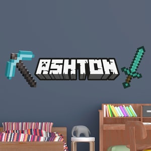 Custom Gamer Axe and Sword Block Wall Decal, Personalized Name Vinyl Decal, Custom Kids Name, Custom Teens Name, Custom Gamer Vinyl Decal