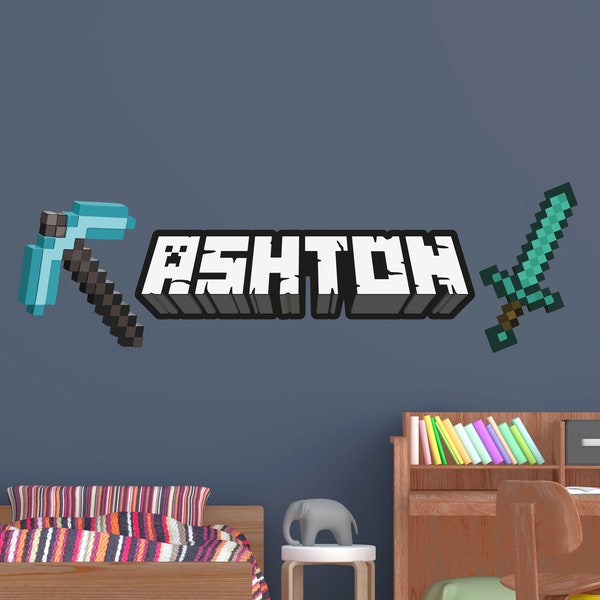 Custom Gamer Axe and Sword Block Wall Decal, Personalized Name Vinyl Decal, Custom Kids Name, Custom Teens Name, Custom Gamer Vinyl Decal