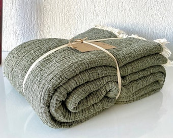 Colcha de muselina 100% algodón, manta de tiro de 4 capas, funda de cama de algodón extra suave, ropa de cama doble tamaño Queen King, con flecos, caqui, Haki