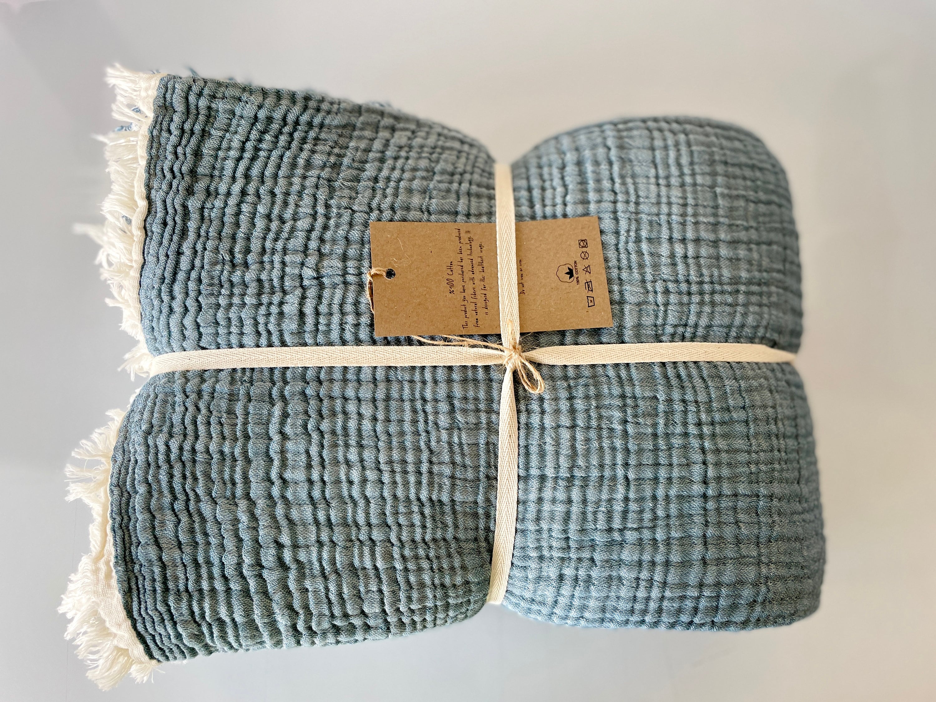 Colcha de muselina 100% algodón, manta de 4 capas, funda de cama de algodón extrasuave, ropa de cama doble tamaño Queen King, con flecos, azul índigo
