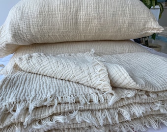 Colcha de muselina 100% algodón, manta de 4 capas, funda de cama de algodón Extra suave, ropa de cama doble tamaño Queen King, cubrecama marfil
