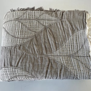 May include: A grey and white throw blanket with a geometric pattern of leaves. The blanket has a fringed edge.