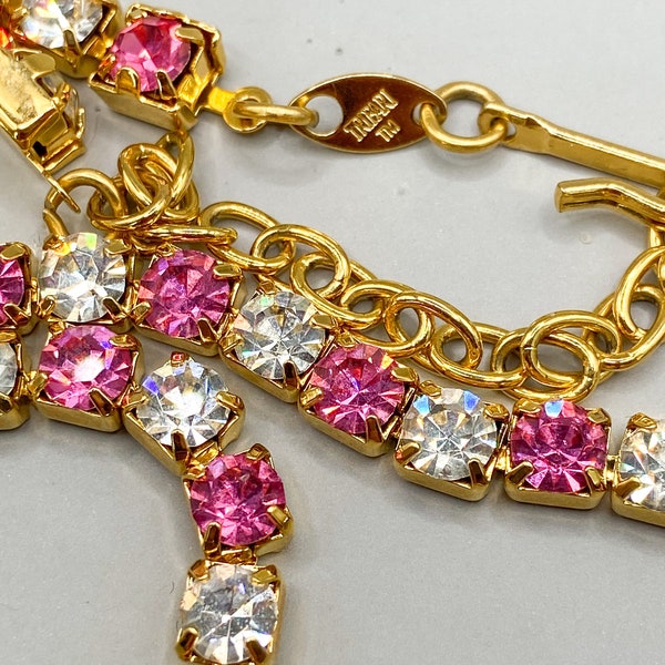 Vintage Trifari Tm Pink and Clear Rhinestones Necklace Choker