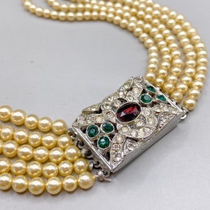 Vintage Gold Tone Faux Pearl Multistrand Necklace Choker with very Ornate clasp 1930-s