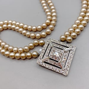 Vintage Art Deco Clear Rhinestones Pendant with Two Strand Gold Tone Faux Pearl Beaded Strand 1950-s