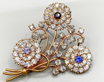 Vintage Czechoslovakia Clear Rhinestones Flower Brooch 1930-s