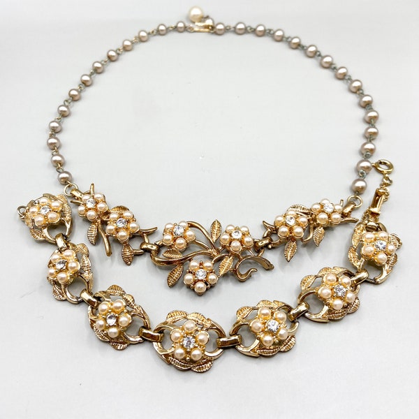 Vintage Coro Adolph Katz Faux Pearl Floral Jewelry Set Necklace and Bracelet, Patent 171978