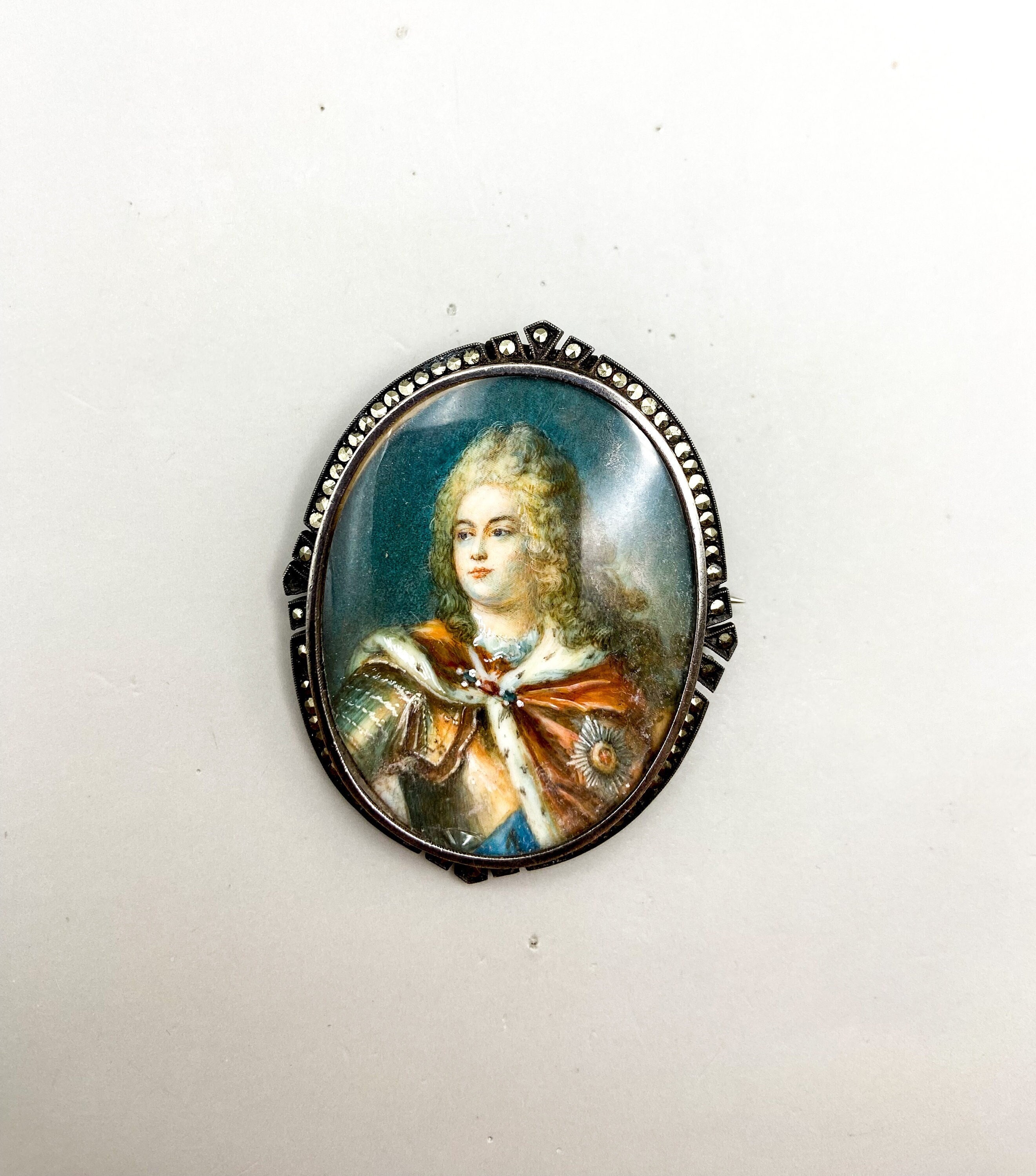 Antique Sterling Silver Portrait Miniature of Yong August II the Strong Former Elector of Saxony Brooch Pendant