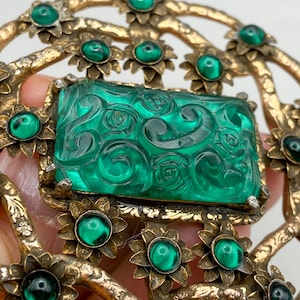 Antique Carved Green Glass Rectangle Stone and Glass Cabochons Art Deco Flower Brooch 1920-s