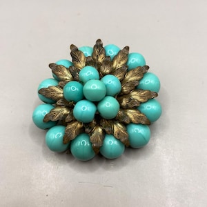Vintage Miriam Haskell Faux Turquoise Beads Brooch with Antique Gold Colored Metal Leaves 1930-s