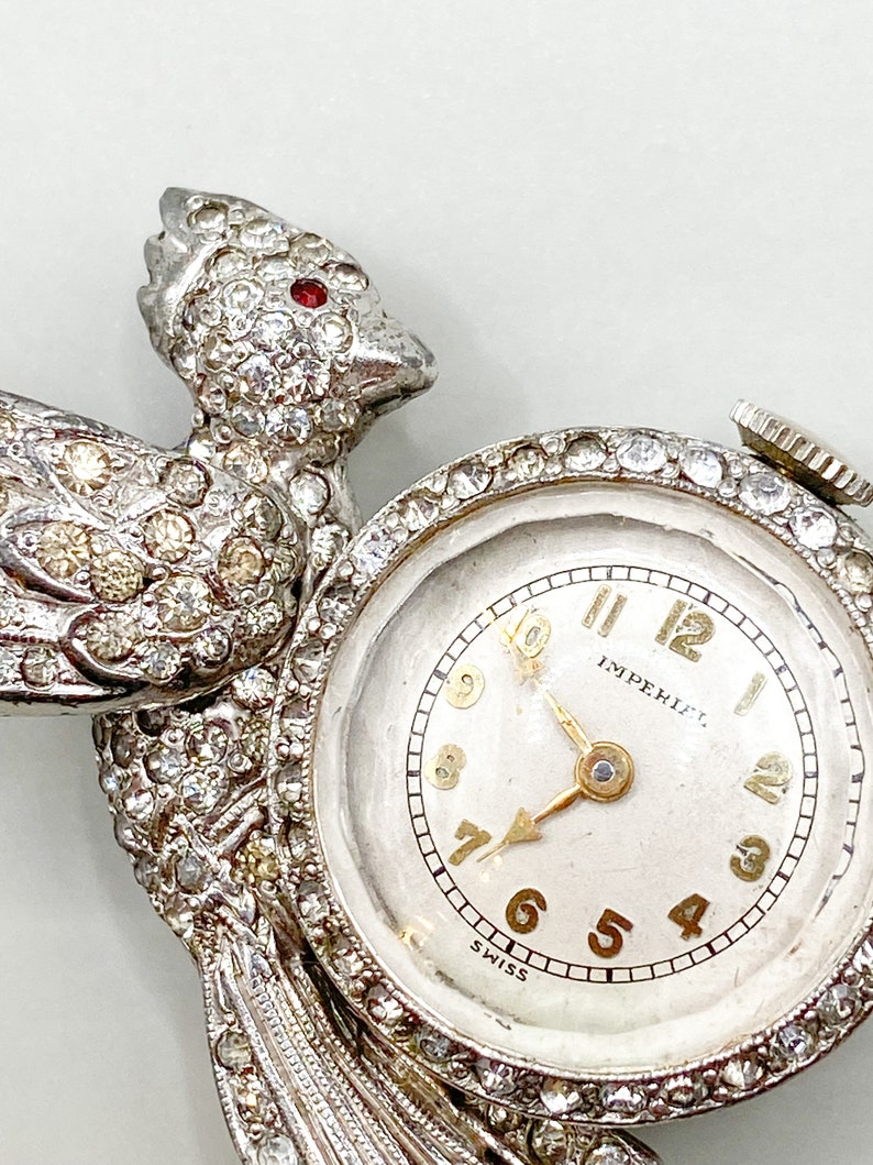 Vintage Imperial Swiss Lapel Watch Brooch Pin With Covered Clear