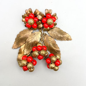 Vintage Miriam Haskell Big Dangle Brooch with Red Glass and Gold Tone Metal Beads 1930-s