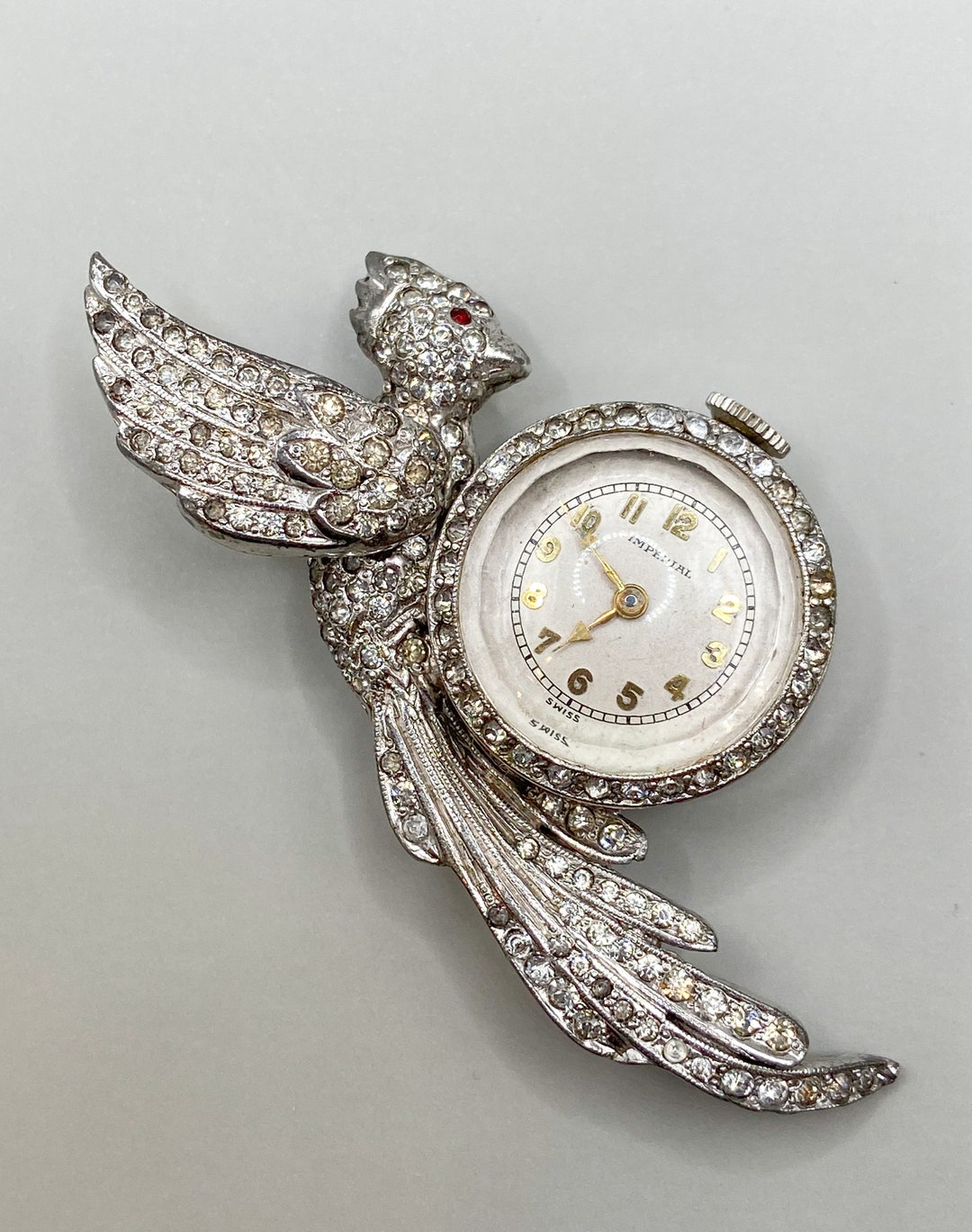 Vintage Imperial Swiss Lapel Watch Brooch Pin With Covered Clear