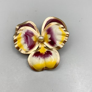 Vintage Enameled Colorful Pansy Brooch with Faux Pearl 1950-s