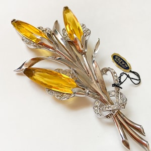 Vintage Joseph Mazer Huge Flower Bouquet Brooch with Faux Topaz Art Glass Stones