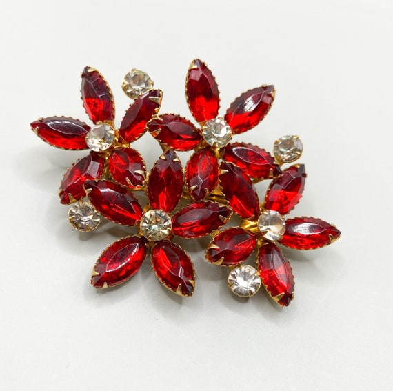 Vintage Judy Lee Bright Red Rhinestones Flower Br… - image 1