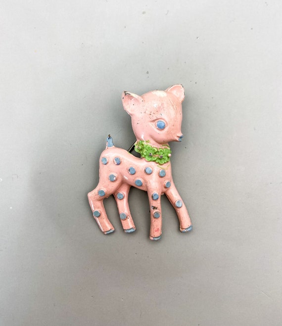 Vintage Pink and Blue Enameled Very Cute Bambi Bro