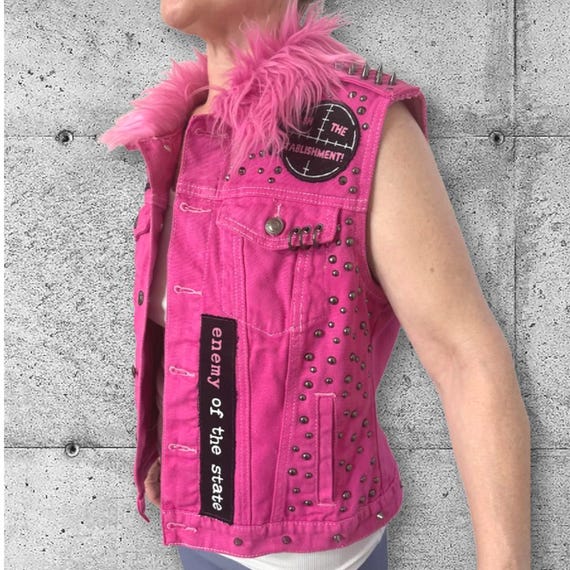 Hot Pink Riot Grrrl Denim Vest – Studded Faux Fur Punk Battle