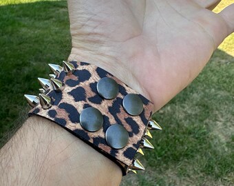 Brown Leopard Print Spiked Leather Bracelet - Etsy