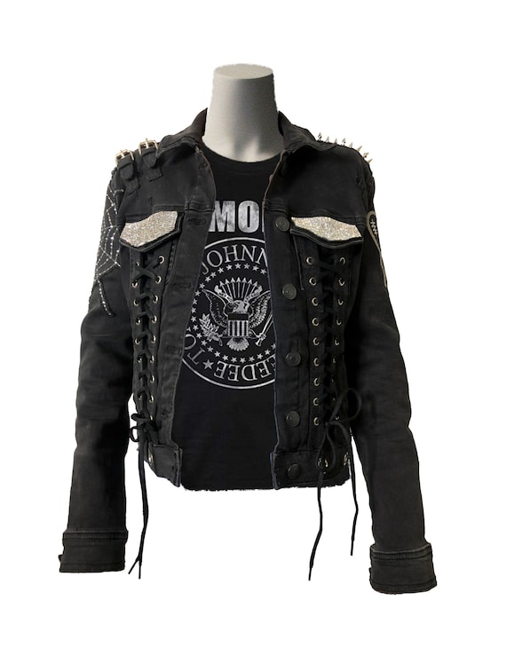 Womens Black Emo punk Rock gothic Kitty Bling Denim Jacket Etsy Canada