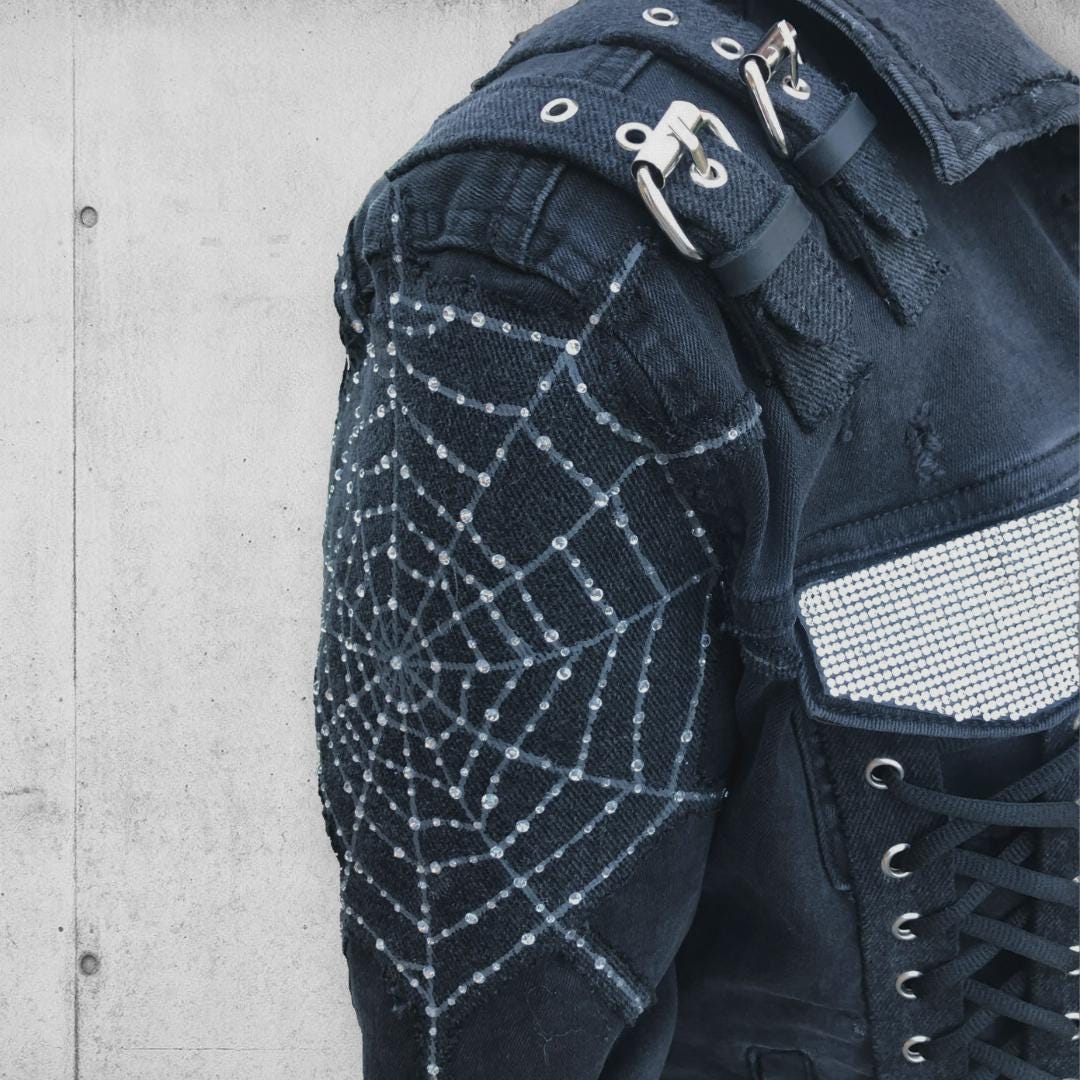 Women's Black Emo/punk Rock/gothic Kitty Bling Denim Jacket
