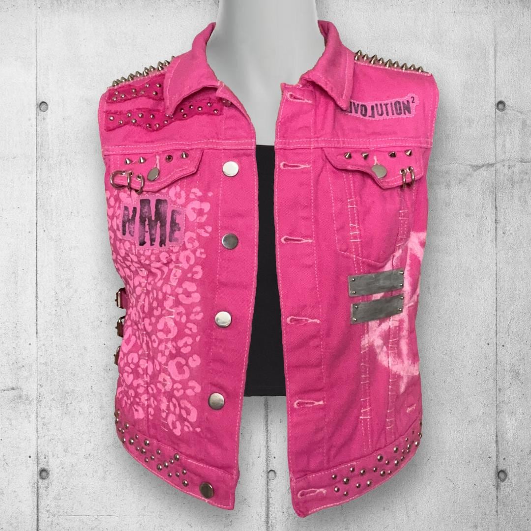 Pink Punk Battle Vest, Hand-painted Leopard Goth Waistcoat