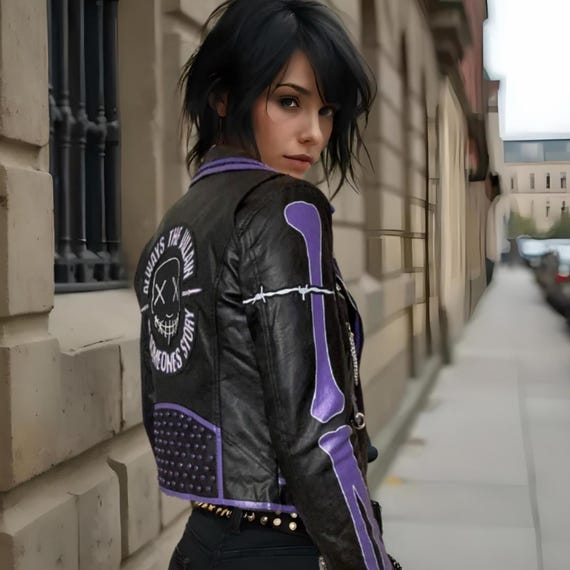 Hand-Painted Faux Leather Punk Jacket – Purple Studded Moto Crop Coat (Ships in 2 Days)