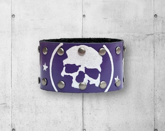 Purple Studded Skull Leather Cuff