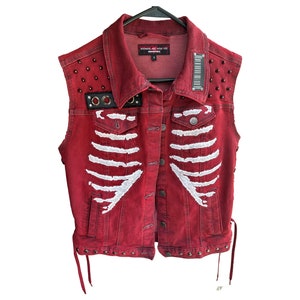 Women's Red Denim Punk Rib Cage Vest