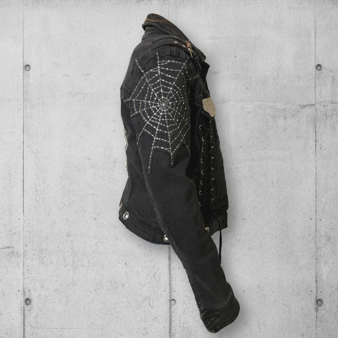 Women's Black Emo/punk Rock/gothic Kitty Bling Denim Jacket