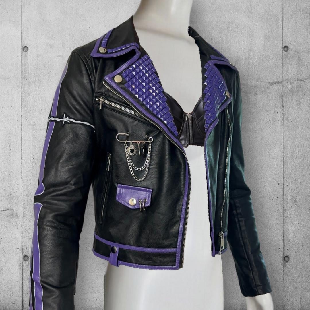 Hand-painted Faux Leather Punk Jacket – Purple Studded Moto Crop