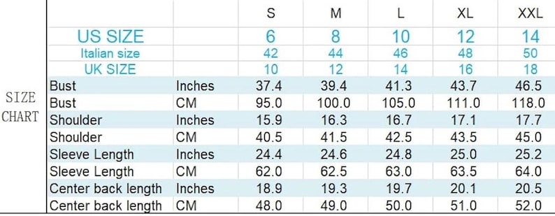 May include: A size chart for clothing, with measurements in inches and centimeters. The chart includes US, Italian, and UK sizes, along with bust, shoulder, and sleeve length measurements. Sizes range from S to XXL.