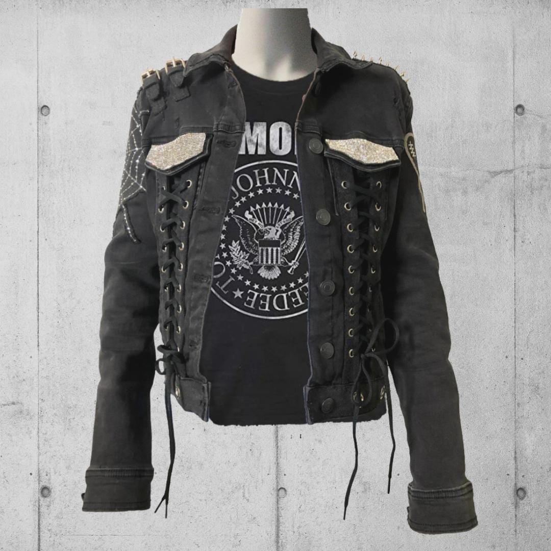 Women's Black Emo/punk Rock/gothic Kitty Bling Denim Jacket