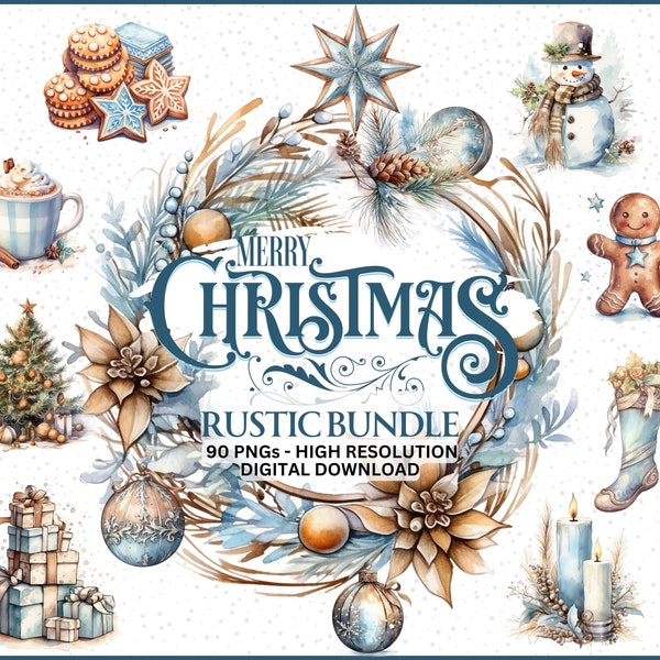 Rustic Christmas Watercolor Clipart Bundle Sublimation Design Digital Download PNG