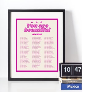 You are beautiful - Wall print affirmation - hot pink - Digital download print