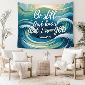 Be Still and Know Tapestry – Psalm 46:10 Christian Wall Hanging | Ocean Bible Verse Decor | Faith-Based Scripture Tapestry