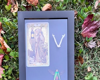 Framed beetle, jaw bone, and tarot card! Unique scrapbook shadow frame!